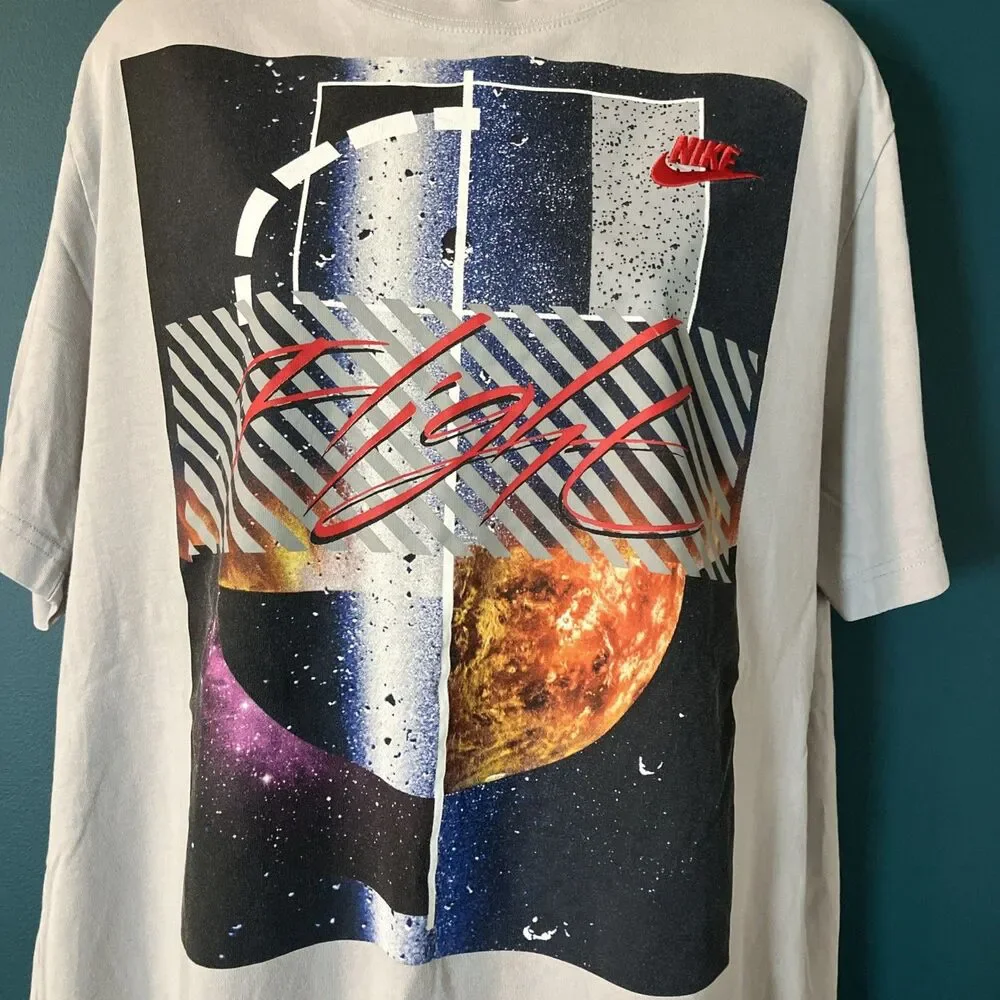 VTG XL Nike Air Flight Galaxy Planets T Shirt Jordan Grey Red Sewn Logo Cotton